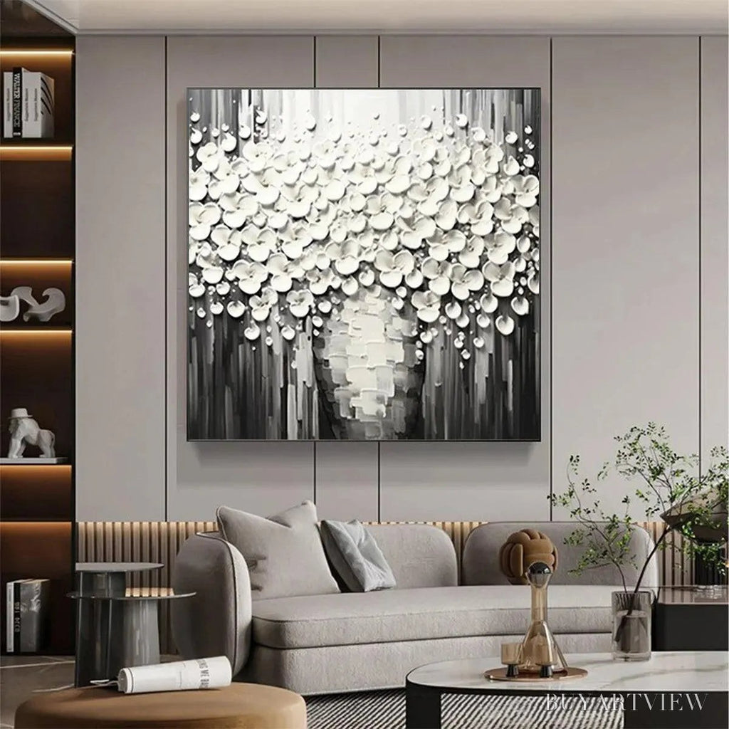 ARTOVITAS White Bouquet – Textured White Floral Painting on Grey Background - image 2