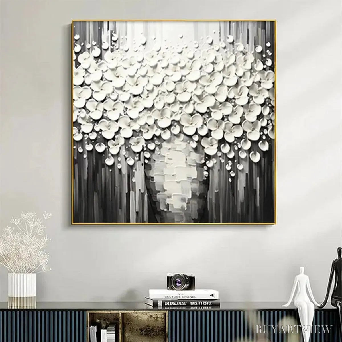 ARTOVITAS White Bouquet – Textured White Floral Painting on Grey Background - image 4