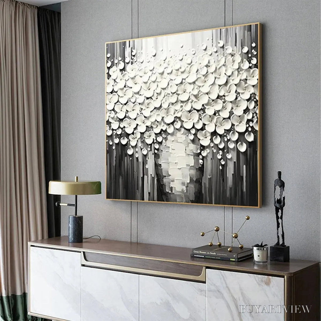 ARTOVITAS White Bouquet – Textured White Floral Painting on Grey Background - image 6