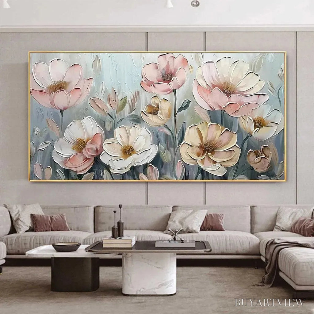 ARTOVITAS Soft Blossoms – Textured Impasto Floral Painting in Soft Pink and White - image 2