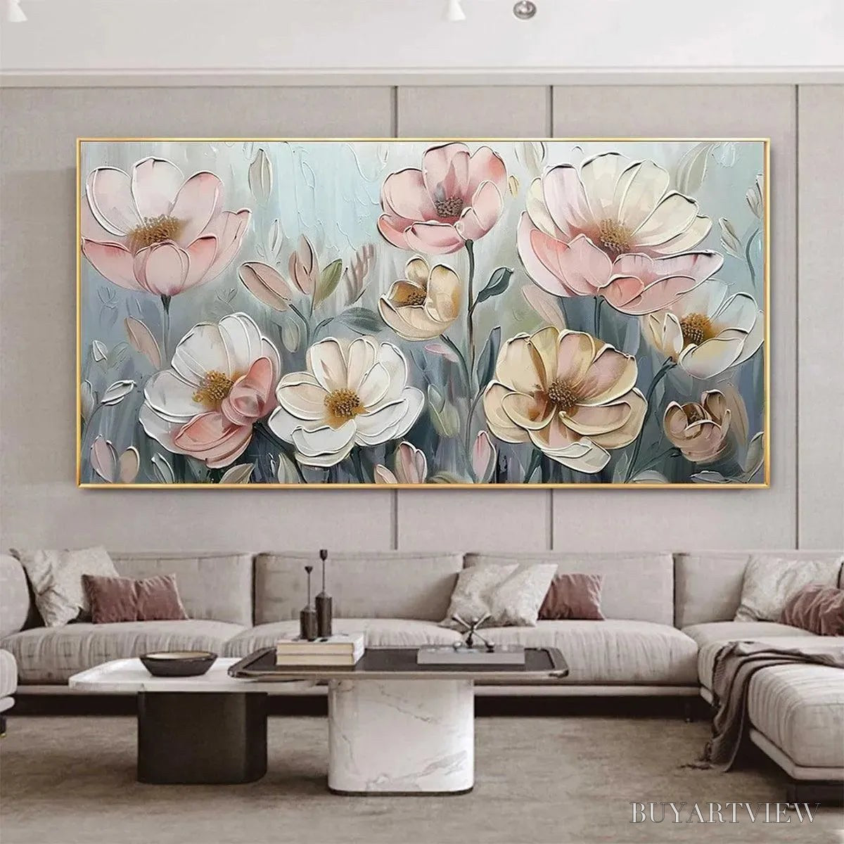 ARTOVITAS Soft Blossoms – Textured Impasto Floral Painting in Soft Pink and White - image 2