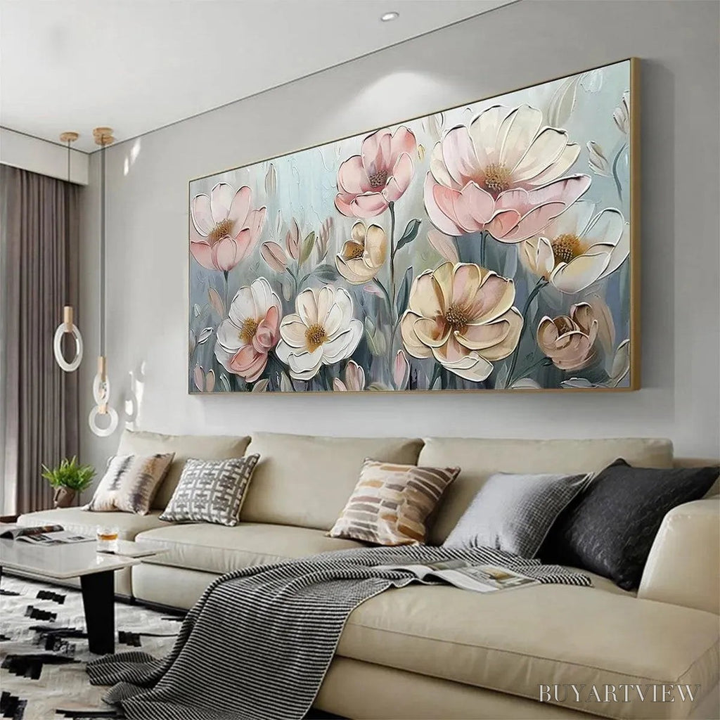 ARTOVITAS Soft Blossoms – Textured Impasto Floral Painting in Soft Pink and White - image 4