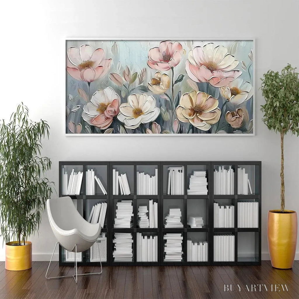 ARTOVITAS Soft Blossoms – Textured Impasto Floral Painting in Soft Pink and White - image 6