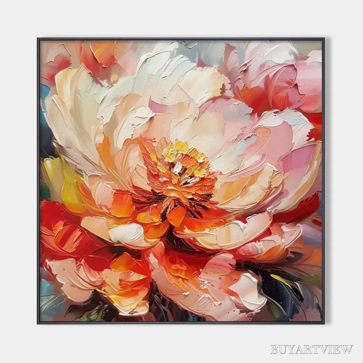 ARTOVITAS Blooming Peony – Textured Impasto Peony Painting in Pink and Orange - image 1