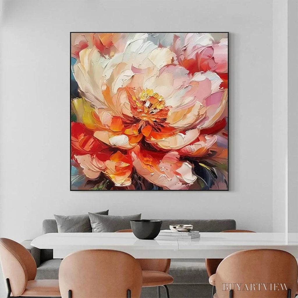ARTOVITAS Blooming Peony – Textured Impasto Peony Painting in Pink and Orange - image 2