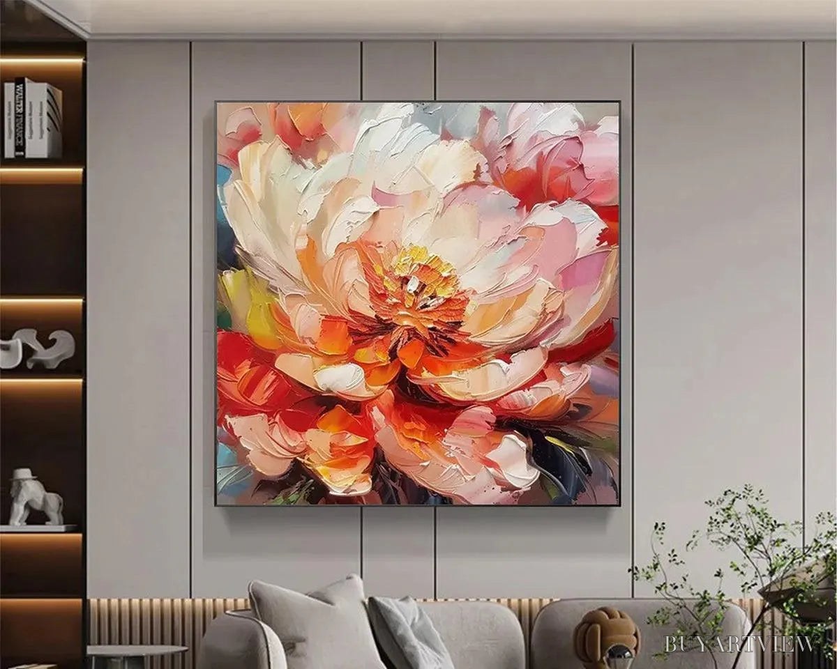 ARTOVITAS Blooming Peony – Textured Impasto Peony Painting in Pink and Orange - image 4