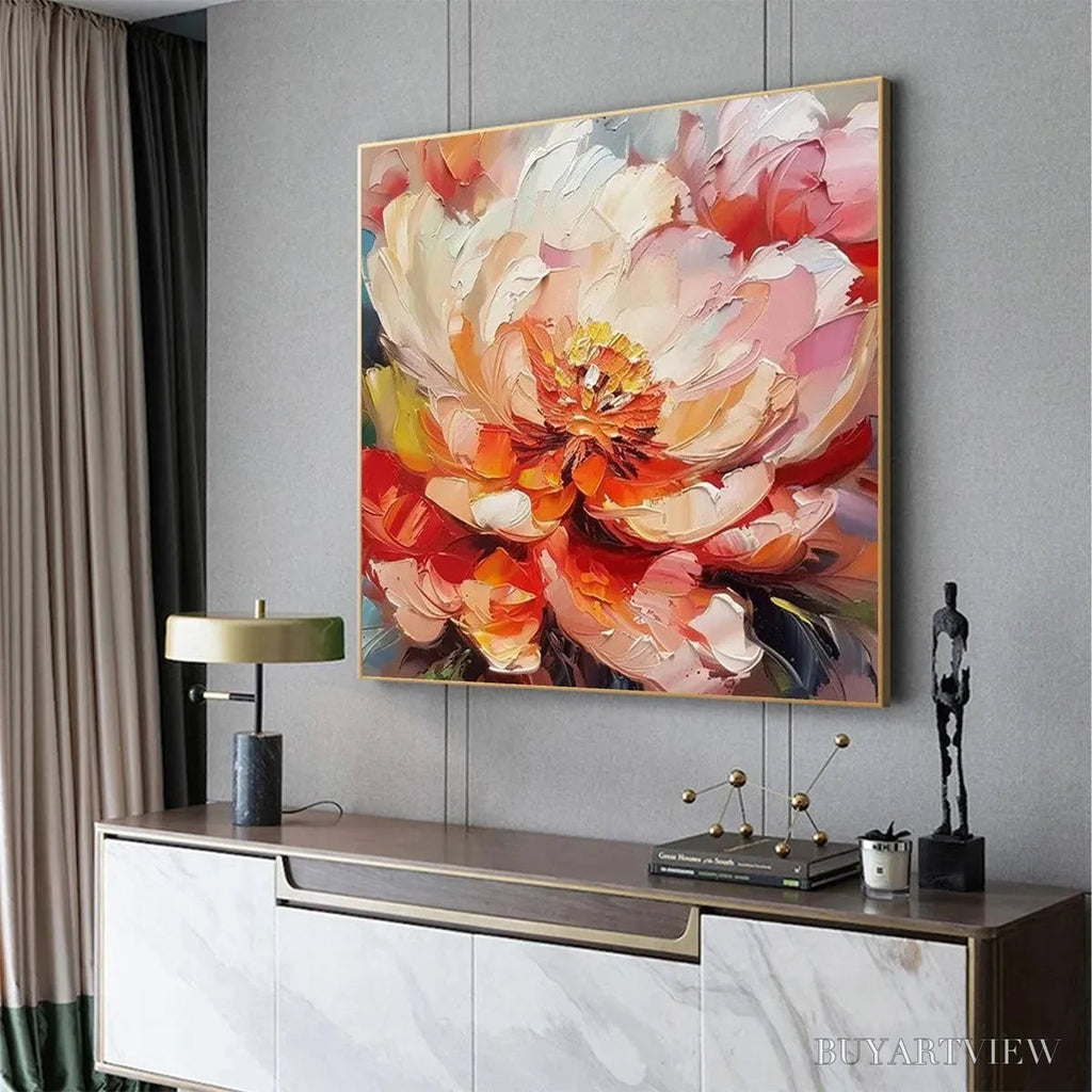 ARTOVITAS Blooming Peony – Textured Impasto Peony Painting in Pink and Orange - image 6