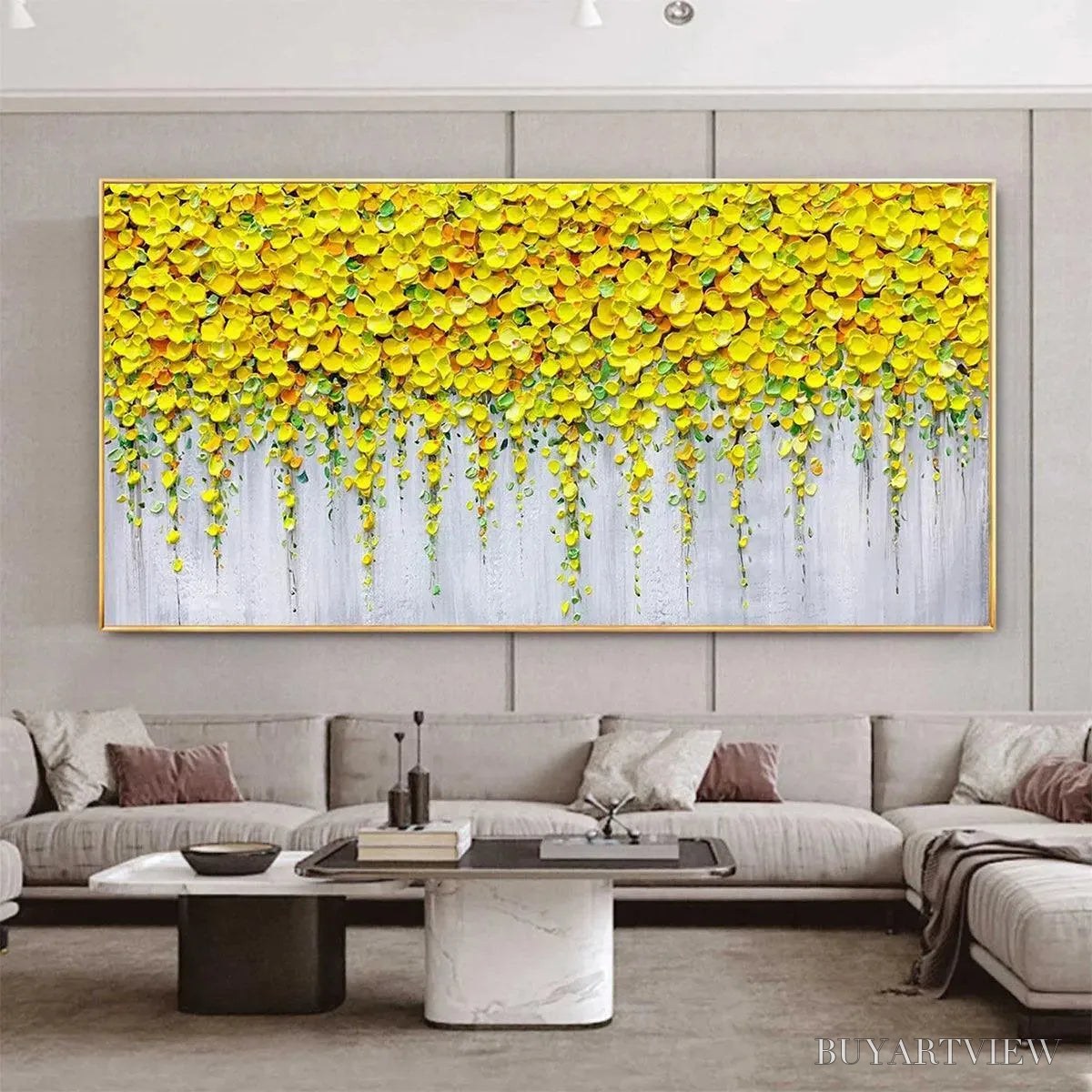 ARTOVITAS Golden Cascade – Textured Yellow Floral Painting on Grey Background - image 2