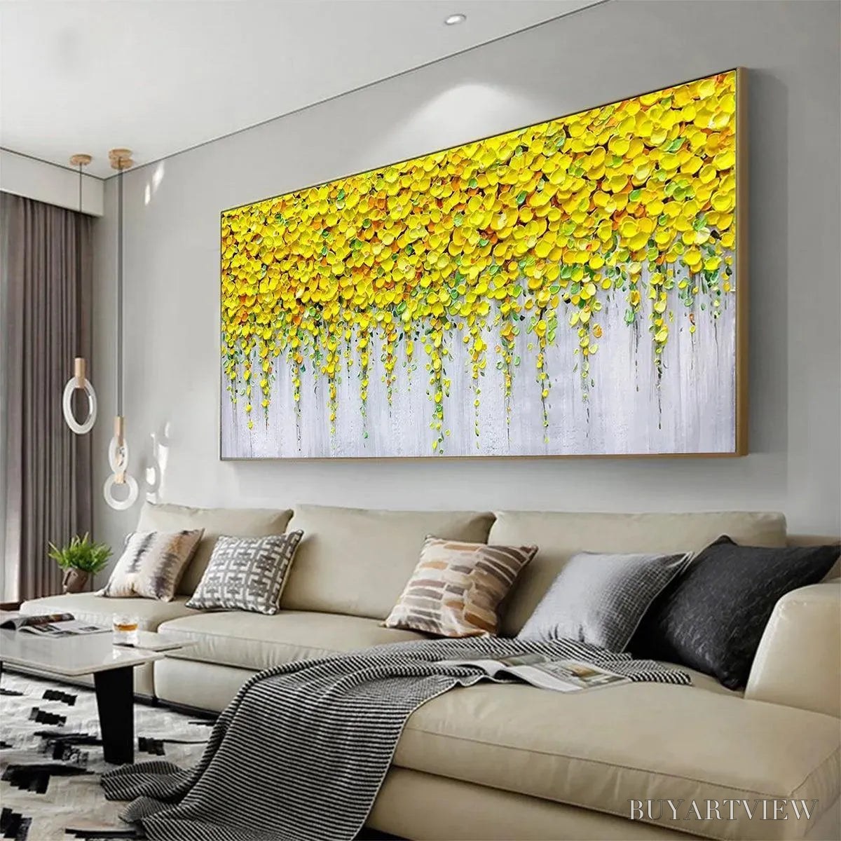 ARTOVITAS Golden Cascade – Textured Yellow Floral Painting on Grey Background - image 4