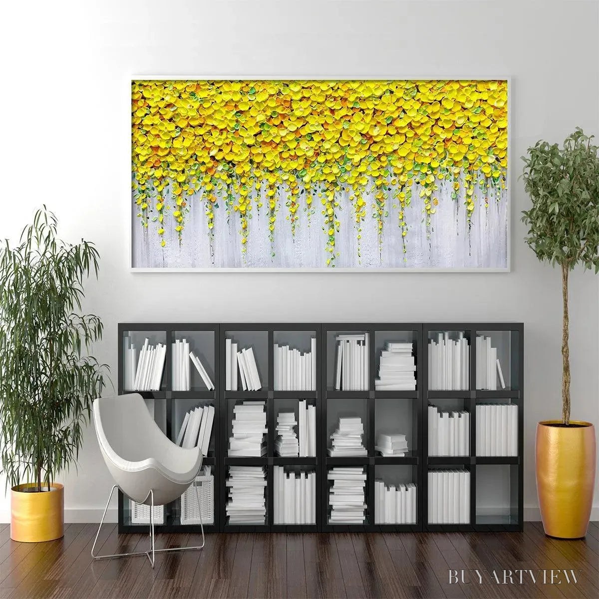 ARTOVITAS Golden Cascade – Textured Yellow Floral Painting on Grey Background - image 6