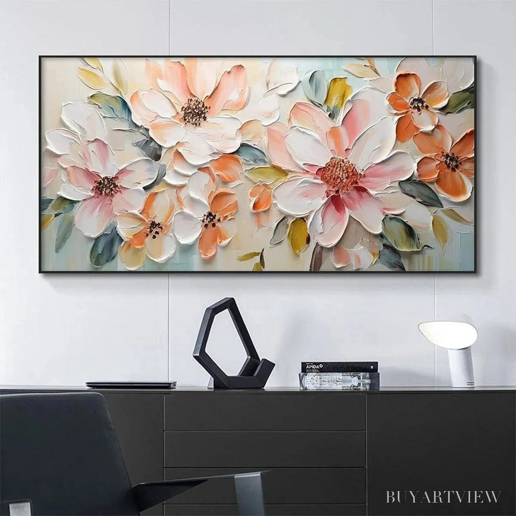 ARTOVITAS Peach Blossom – Textured Impasto Floral Painting in Peach and White - image 2
