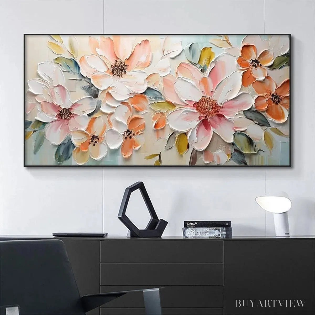 ARTOVITAS Peach Blossom – Textured Impasto Floral Painting in Peach and White - image 2