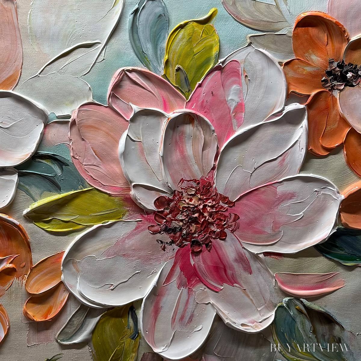 ARTOVITAS Peach Blossom – Textured Impasto Floral Painting in Peach and White - image 3