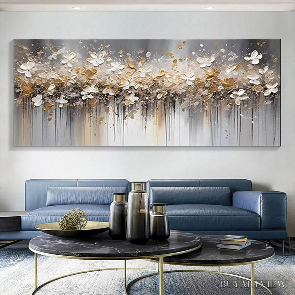 ARTOVITAS Golden Drift – White and Gold Floral Abstract Painting - image 2