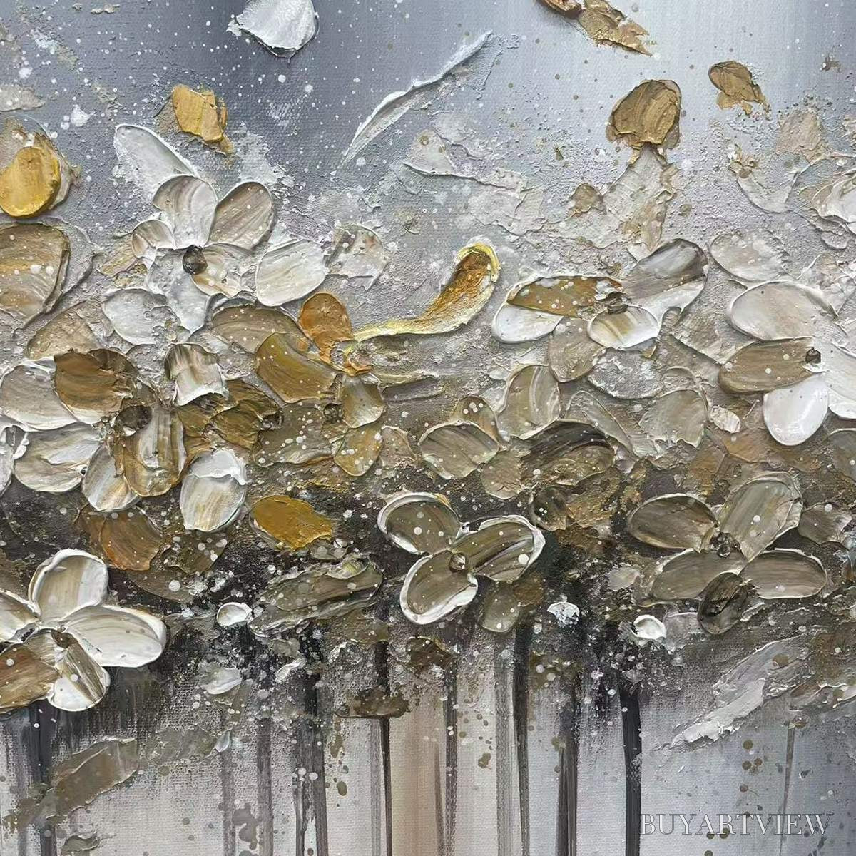 ARTOVITAS Golden Drift – White and Gold Floral Abstract Painting - image 3
