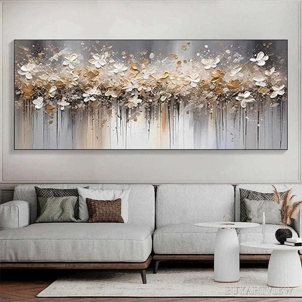 ARTOVITAS Golden Drift – White and Gold Floral Abstract Painting - image 4