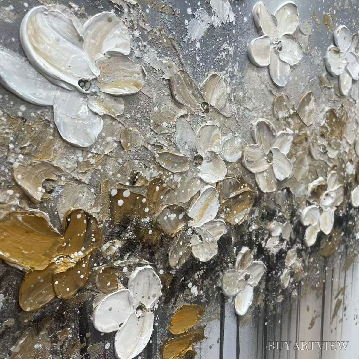 ARTOVITAS Golden Drift – White and Gold Floral Abstract Painting - image 5