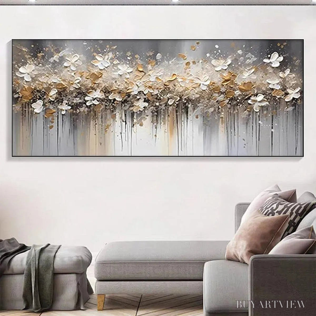 ARTOVITAS Golden Drift – White and Gold Floral Abstract Painting - image 6