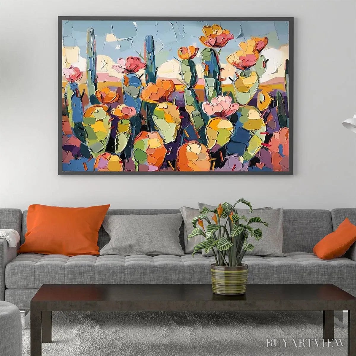 ARTOVITAS Desert Bloom – Textured Cactus Painting, Impasto , Horizontal Canvas, Desert Decor - image 2