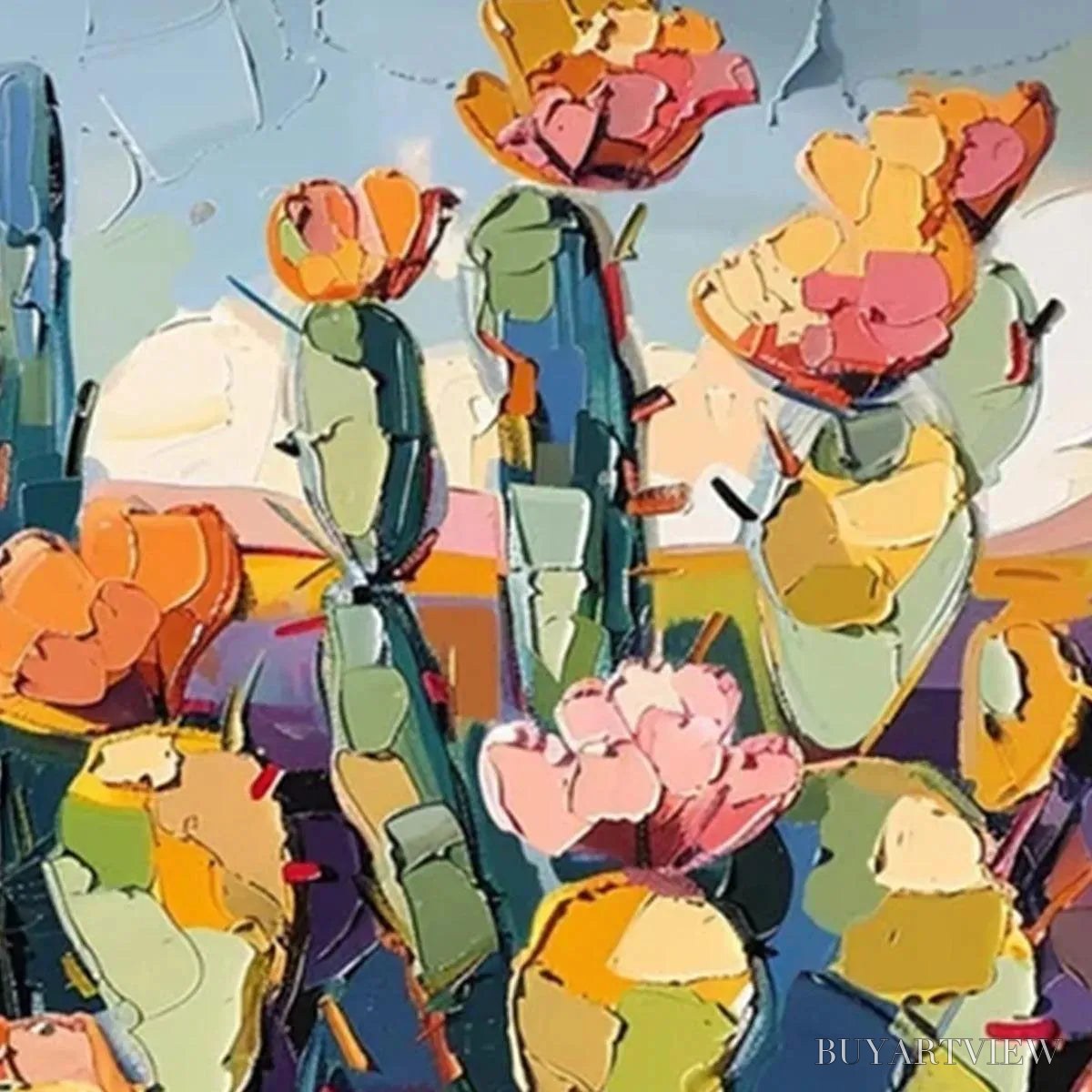 ARTOVITAS Desert Bloom – Textured Cactus Painting, Impasto , Horizontal Canvas, Desert Decor - image 3