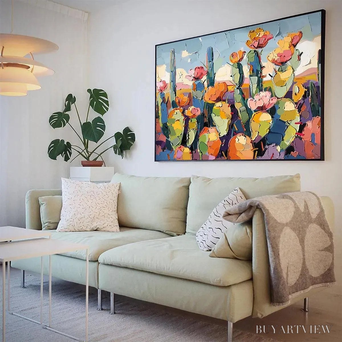 ARTOVITAS Desert Bloom – Textured Cactus Painting, Impasto , Horizontal Canvas, Desert Decor - image 4