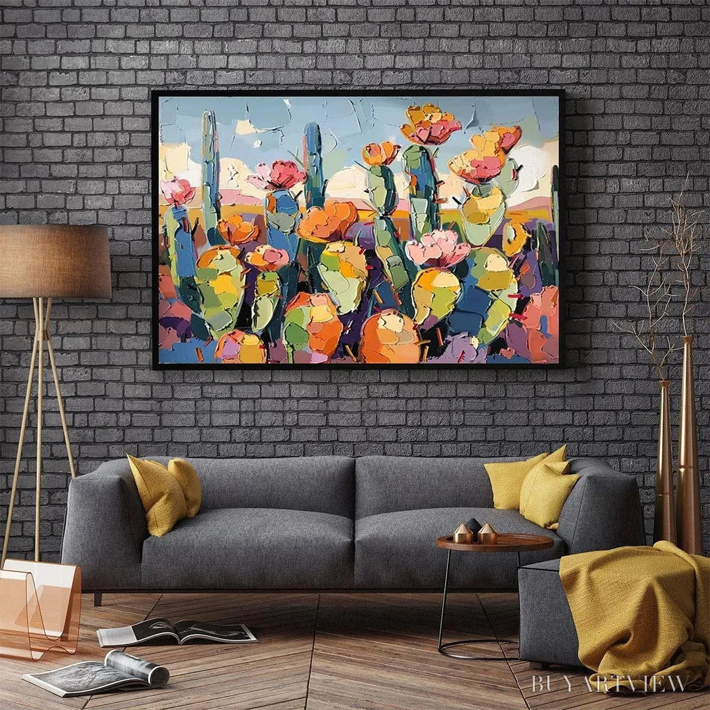 ARTOVITAS Desert Bloom – Textured Cactus Painting, Impasto , Horizontal Canvas, Desert Decor - image 5