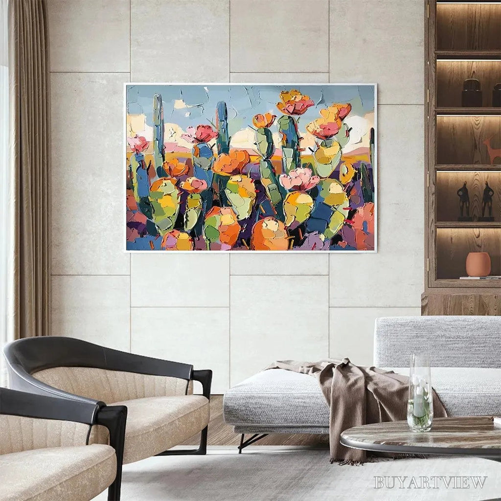 ARTOVITAS Desert Bloom – Textured Cactus Painting, Impasto , Horizontal Canvas, Desert Decor - image 6