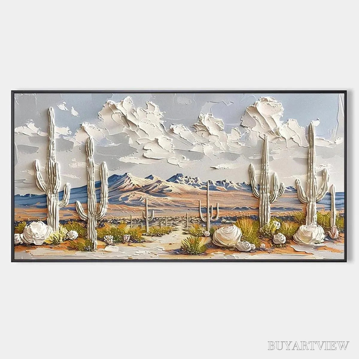 ARTOVITAS Desert Dream – Textured Desert Landscape Painting, Impasto , Horizontal Canvas, Cactus Decor - image 1