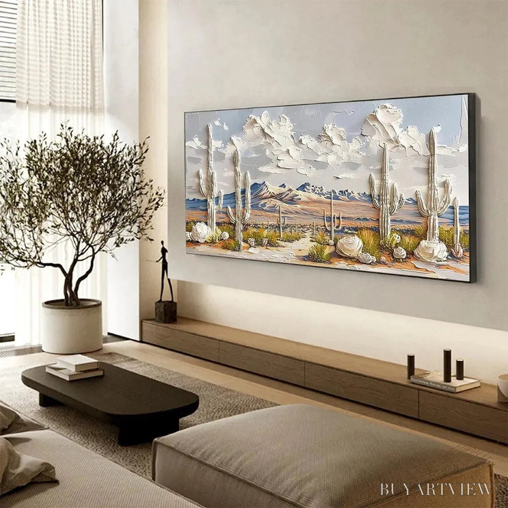 ARTOVITAS Desert Dream – Textured Desert Landscape Painting, Impasto , Horizontal Canvas, Cactus Decor - image 5