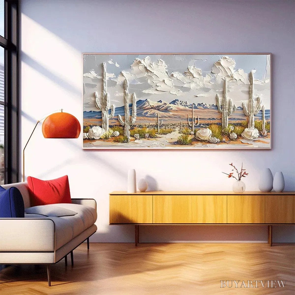 ARTOVITAS Desert Dream – Textured Desert Landscape Painting, Impasto , Horizontal Canvas, Cactus Decor - image 6