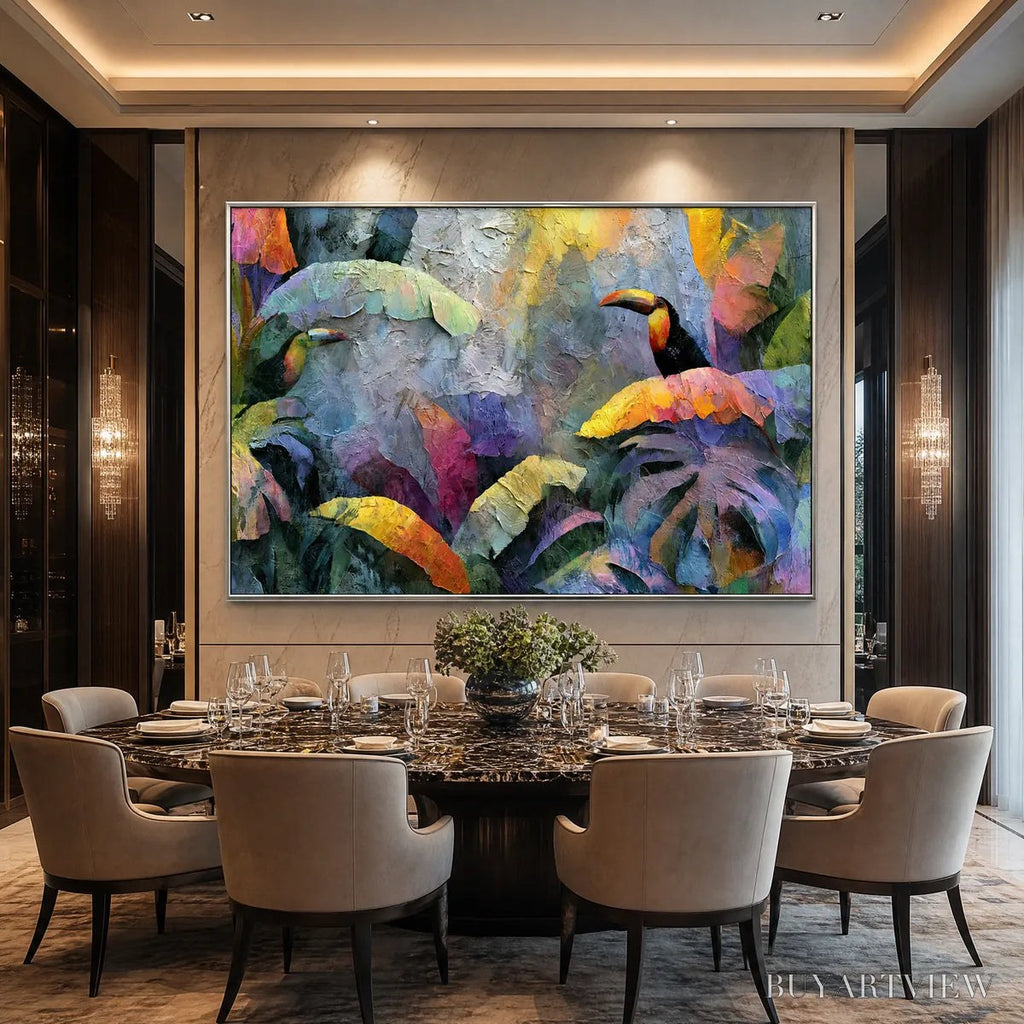 ARTOVITAS Jungle Sanctuary – Heavily Textured Impasto Toucan & Tropical Leaf Painting - image 2