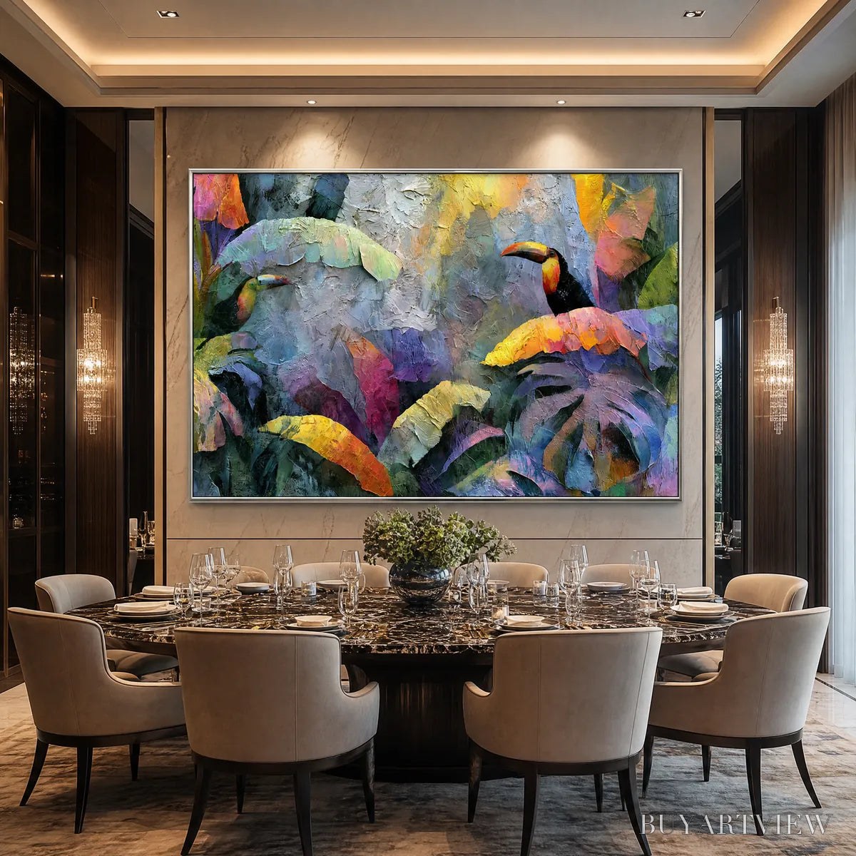 ARTOVITAS Jungle Sanctuary – Heavily Textured Impasto Toucan & Tropical Leaf Painting - image 2