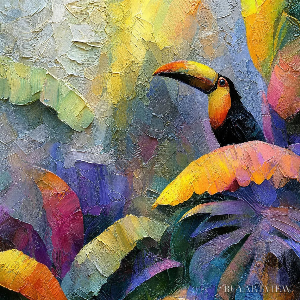 ARTOVITAS Jungle Sanctuary – Heavily Textured Impasto Toucan & Tropical Leaf Painting - image 3