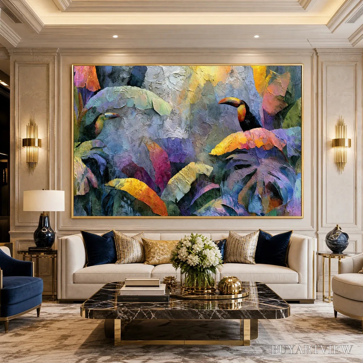 ARTOVITAS Jungle Sanctuary – Heavily Textured Impasto Toucan & Tropical Leaf Painting - image 4