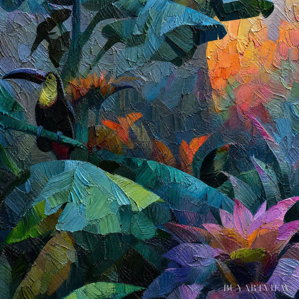 ARTOVITAS Emerald Hideaway – Vibrant Impasto Jungle Scene with Toucans - image 3