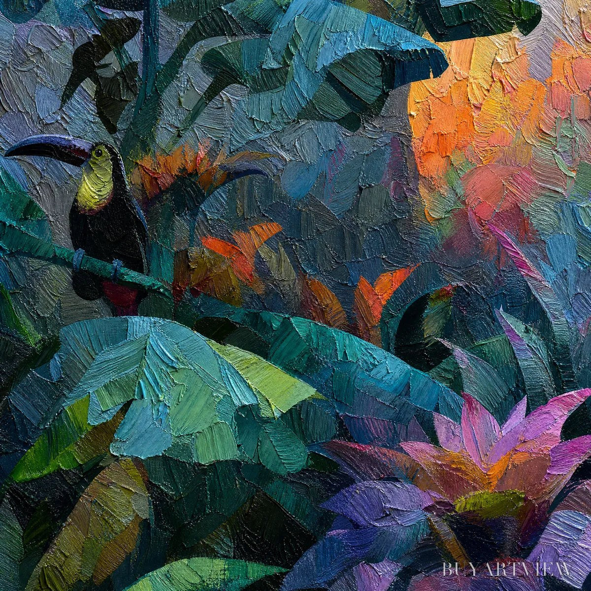 ARTOVITAS Emerald Hideaway – Vibrant Impasto Jungle Scene with Toucans - image 3