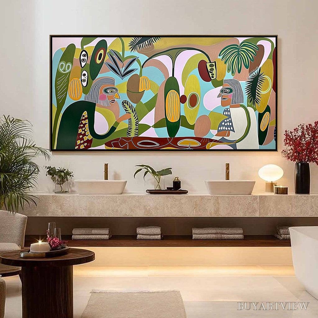 ARTOVITAS the Conversationalists – Large Horizontal Boho Abstract Figurative Painting - image 2