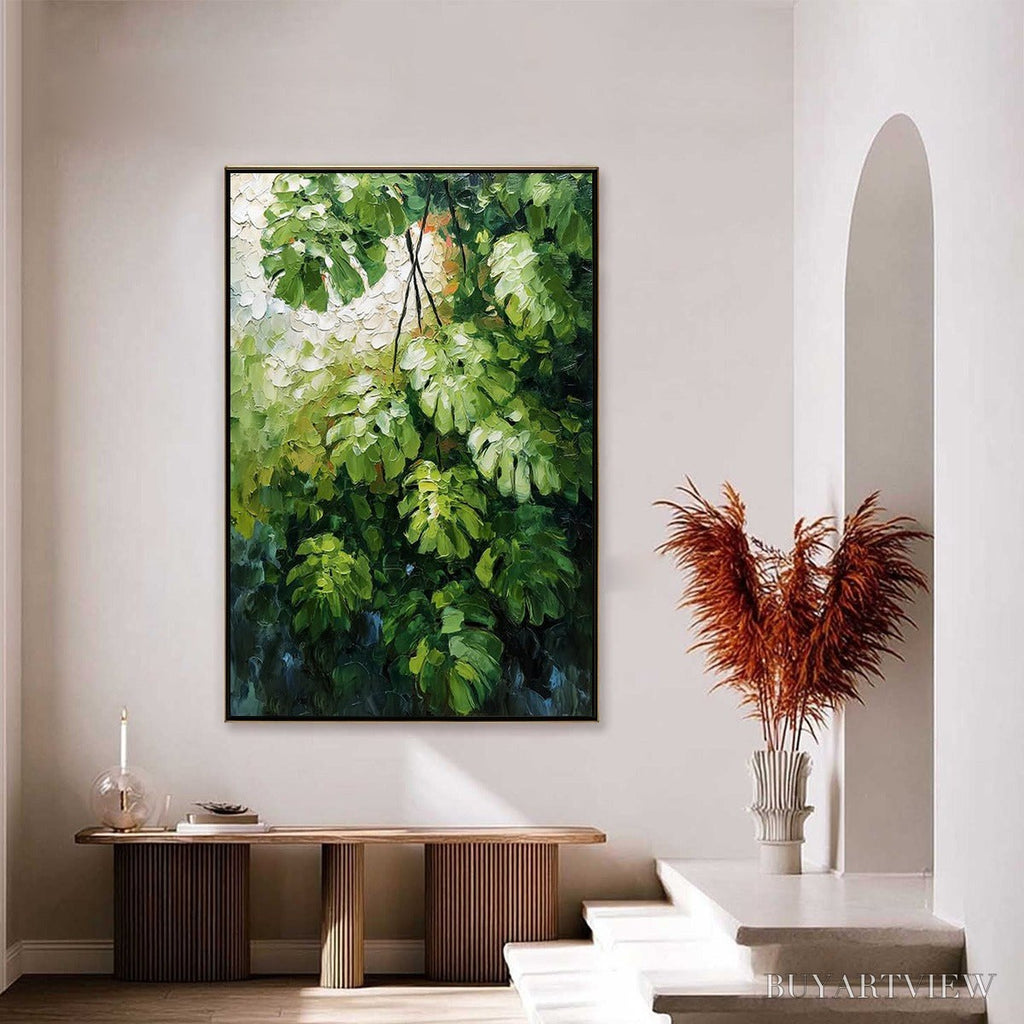 ARTOVITAS Emerald Sanctuary – Textured Green Monstera Leaf Impasto Oil Painting - image 4