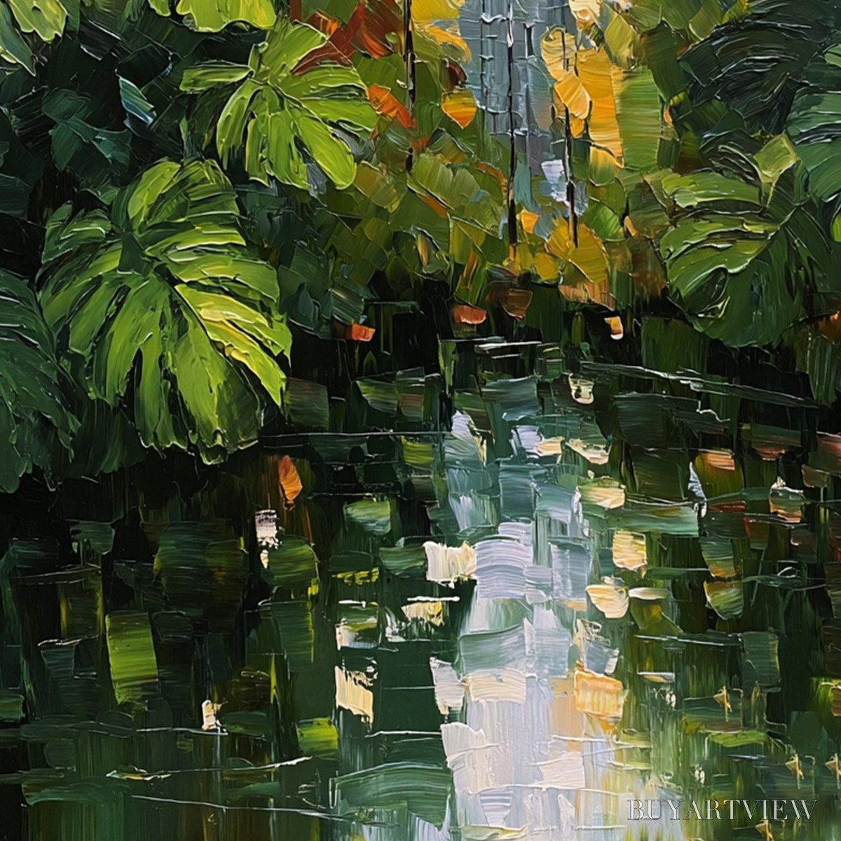 ARTOVITAS Verdant Sanctuary – Textured Palette Knife Painting of a Lush Jungle Oasis - image 5