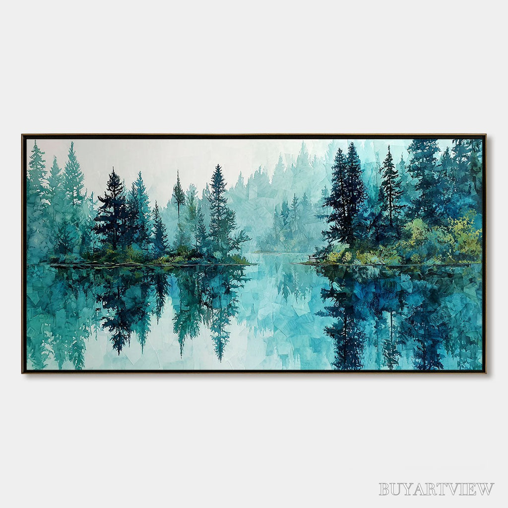 ARTOVITAS Azure Sanctuary – Horizontal Forest Lake Reflection Landscape Painting - image 1