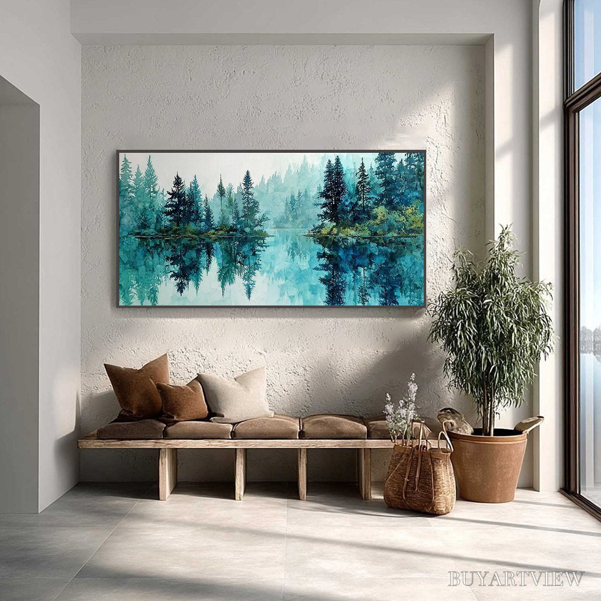 ARTOVITAS Azure Sanctuary – Horizontal Forest Lake Reflection Landscape Painting - image 2