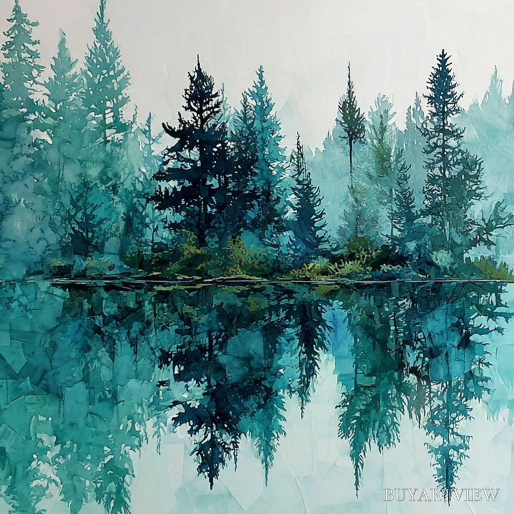 ARTOVITAS Azure Sanctuary – Horizontal Forest Lake Reflection Landscape Painting - image 3