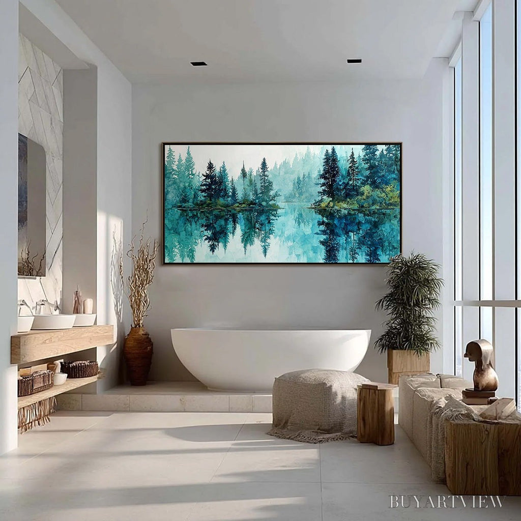 ARTOVITAS Azure Sanctuary – Horizontal Forest Lake Reflection Landscape Painting - image 4