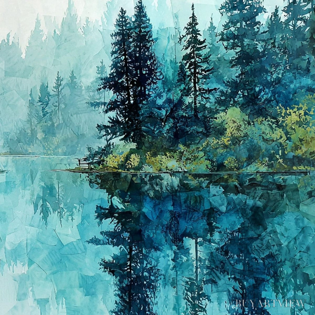 ARTOVITAS Azure Sanctuary – Horizontal Forest Lake Reflection Landscape Painting - image 5