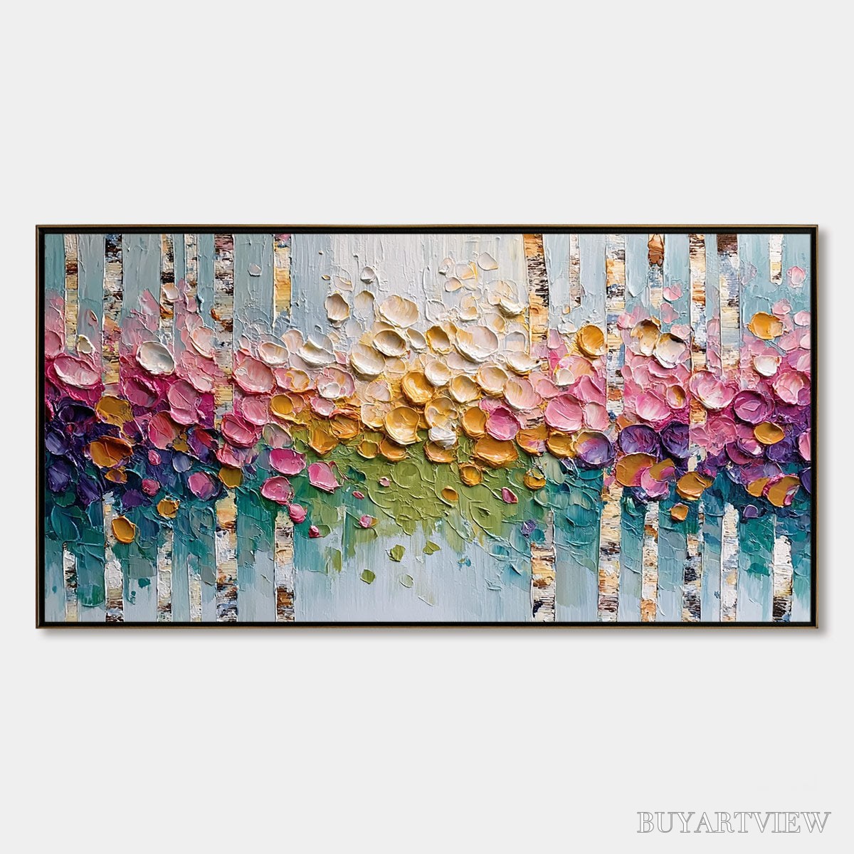 ARTOVITAS Blossoming Birch – Colorful Impasto Birch Tree Forest Palette Knife Painting - image 1