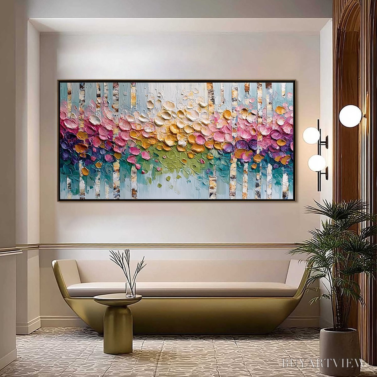 ARTOVITAS Blossoming Birch – Colorful Impasto Birch Tree Forest Palette Knife Painting - image 2