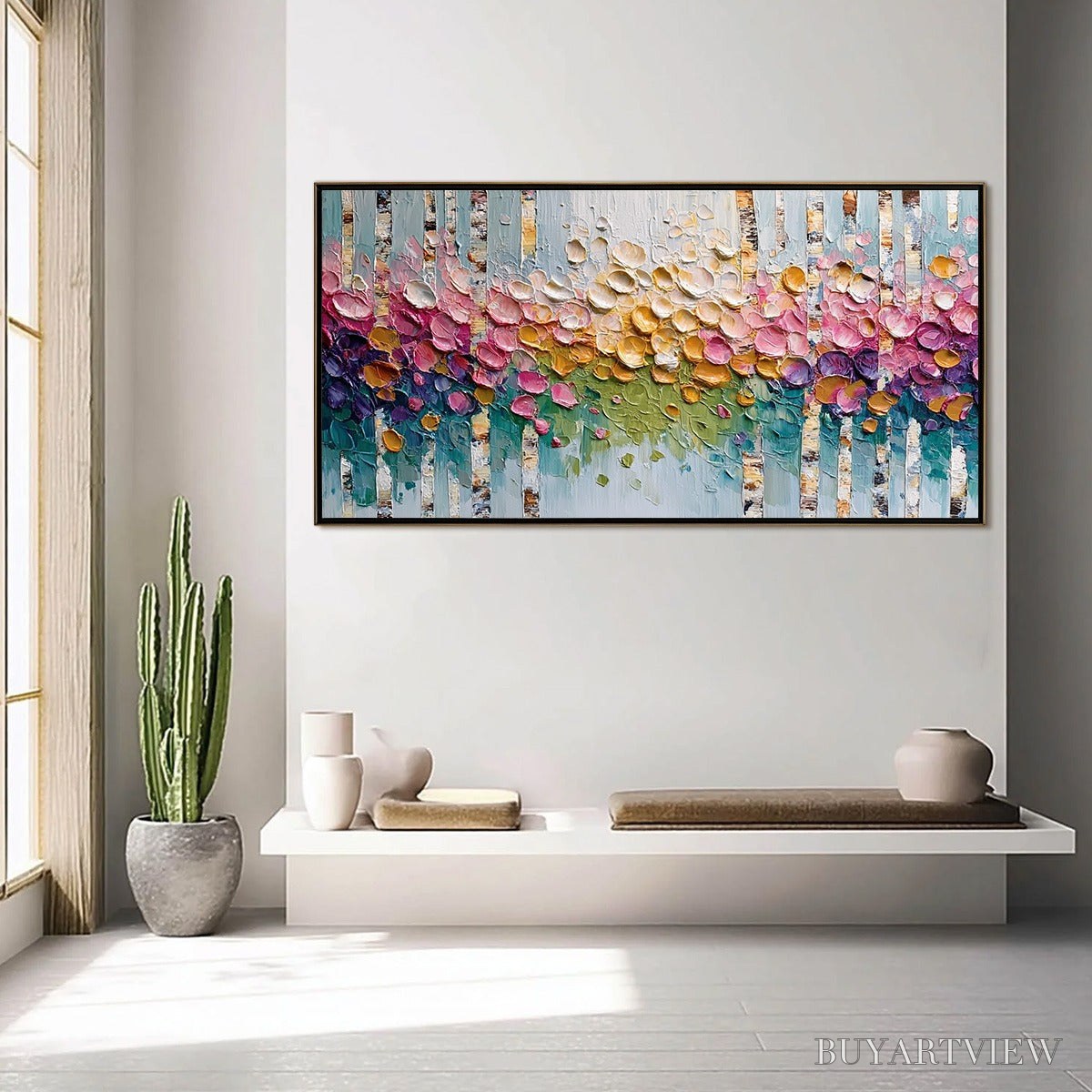 ARTOVITAS Blossoming Birch – Colorful Impasto Birch Tree Forest Palette Knife Painting - image 4