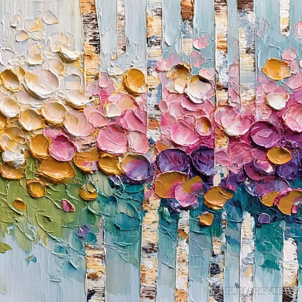 ARTOVITAS Blossoming Birch – Colorful Impasto Birch Tree Forest Palette Knife Painting - image 5