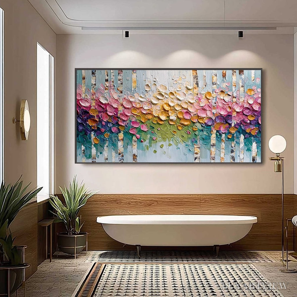 ARTOVITAS Blossoming Birch – Colorful Impasto Birch Tree Forest Palette Knife Painting - image 6
