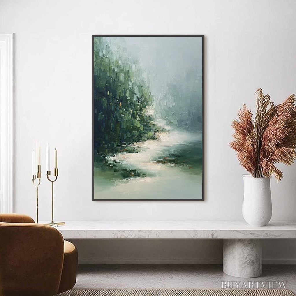 ARTOVITAS Verdant Whisper – Textured Wabi Sabi Forest & River Landscape Painting - image 2